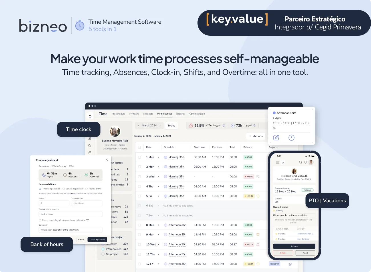Bizneo HR, gestão do tempo de trabalho: controlo de ponto, ausências, turnos, banco de horas e férias. key.value, Parceiro Estratégico Bizneo e integrador para Cegid Primavera