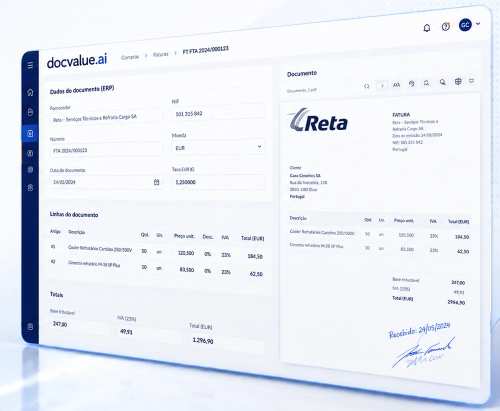 Ecrã do docvalue.ai®: informação documental e dados de gestão lado a lado