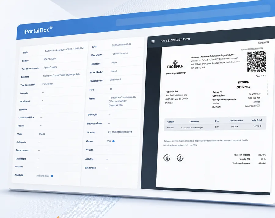 iPortalDoc: ficha de documento com metadados, workflow e visualização da fatura lado a lado